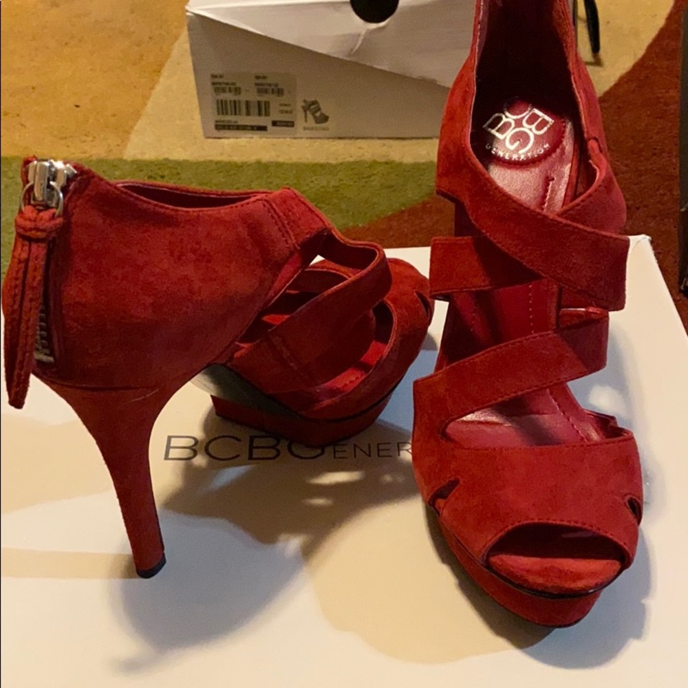 BCBG Red Suede Strappy Peep Toe Heels